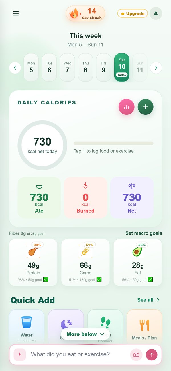My Cal AI home screen with daily calories and macros